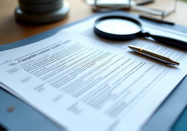 Legal documents on a desk with a magnifying glass